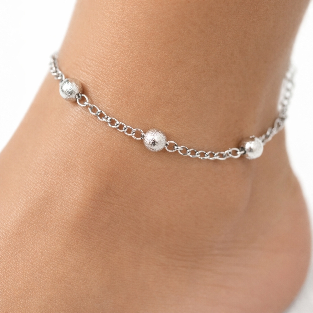 Silver Chain Classic Anklet – Textured Beaded Women’s Ankle Bracelet Jewelry